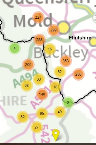 Map of the Flintshire-Denbighshire border showing the distribution of names collected by the Deep Mapping project.